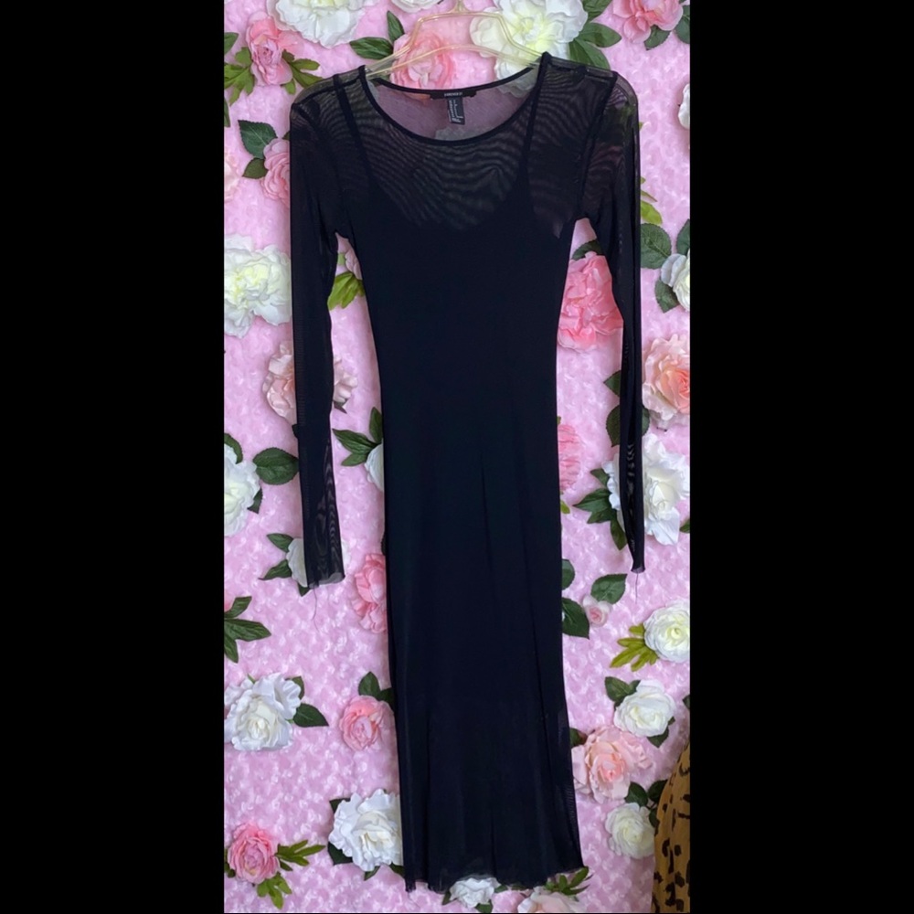 SHEER LONG SLEEVE MIDI DRESS